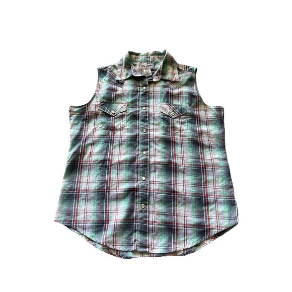 Vintage Wrangler Wrancher Sleeveless Western Shirt Women’s Sz M Pearl Snap - Picture 1 of 13